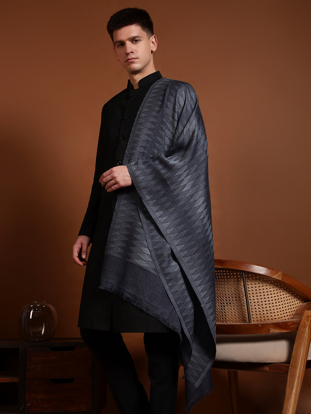 Pashmoda Men 100% Pure Wool Checkered Ikat Stole, Natural & Sustainable Shawl Wrap, Heritage Kashmiri Pashmina Style, Blue Colour (28 x 80 Inches)