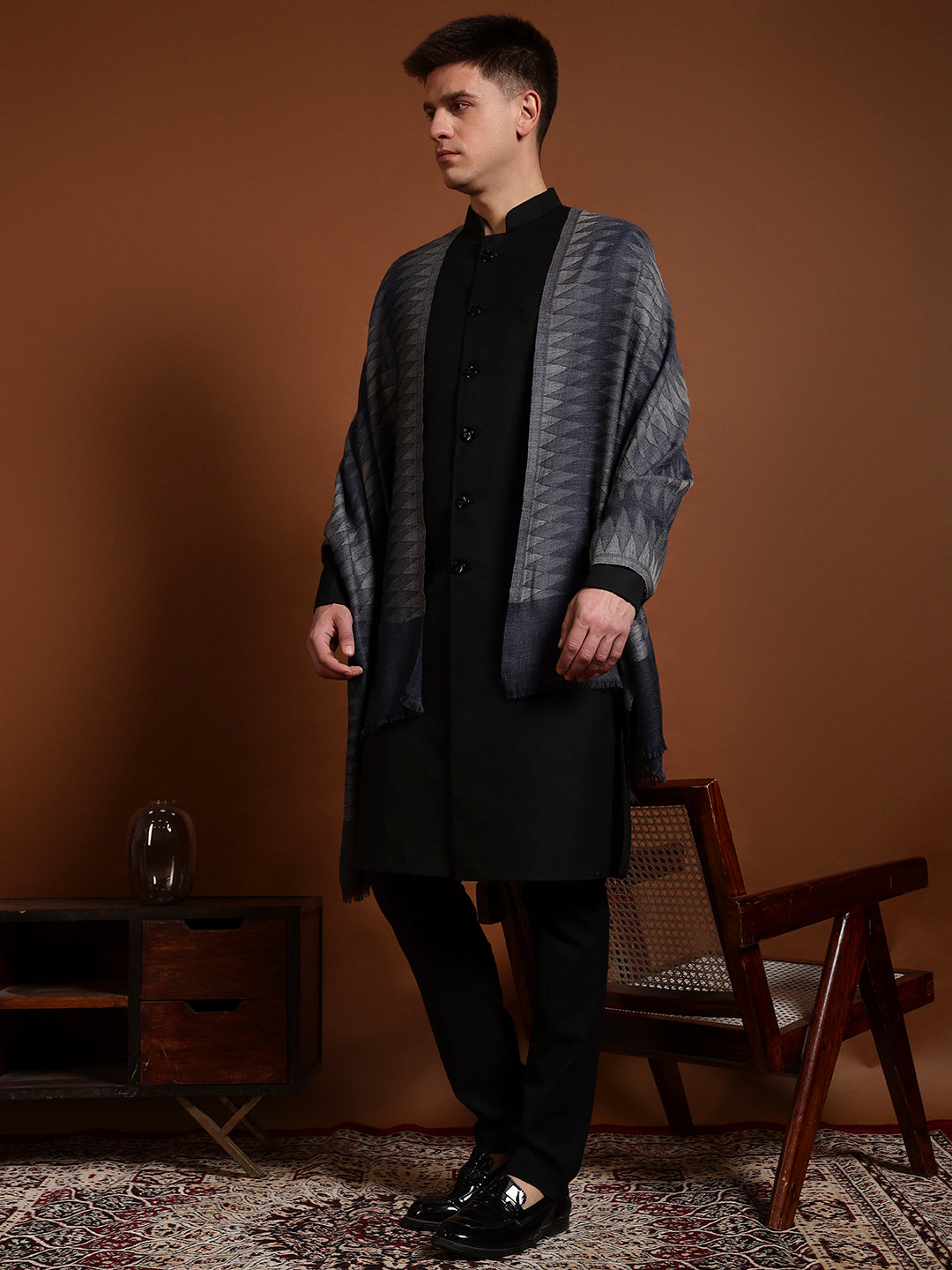 Pashmoda Men 100% Pure Wool Checkered Ikat Stole, Natural & Sustainable Shawl Wrap, Heritage Kashmiri Pashmina Style, Blue2 Colour (28 x 80 Inches)
