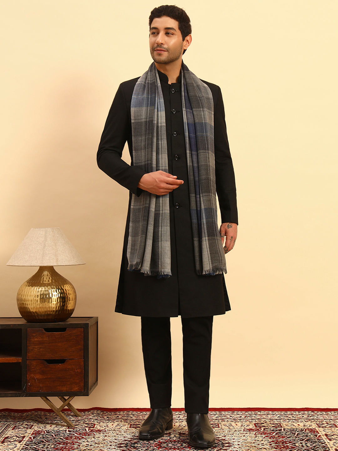 Pashmoda Men Moderen Tartan  100% Pure Wool Checkered Stole (Size :71X203cm)