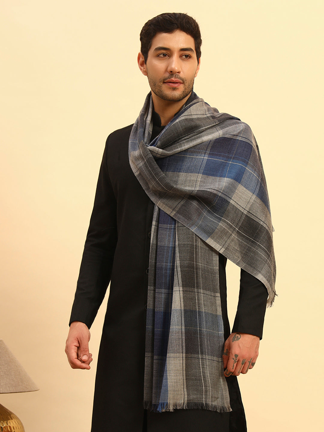 Pashmoda Men Moderen Tartan  100% Pure Wool Checkered Stole (Size :71X203cm)