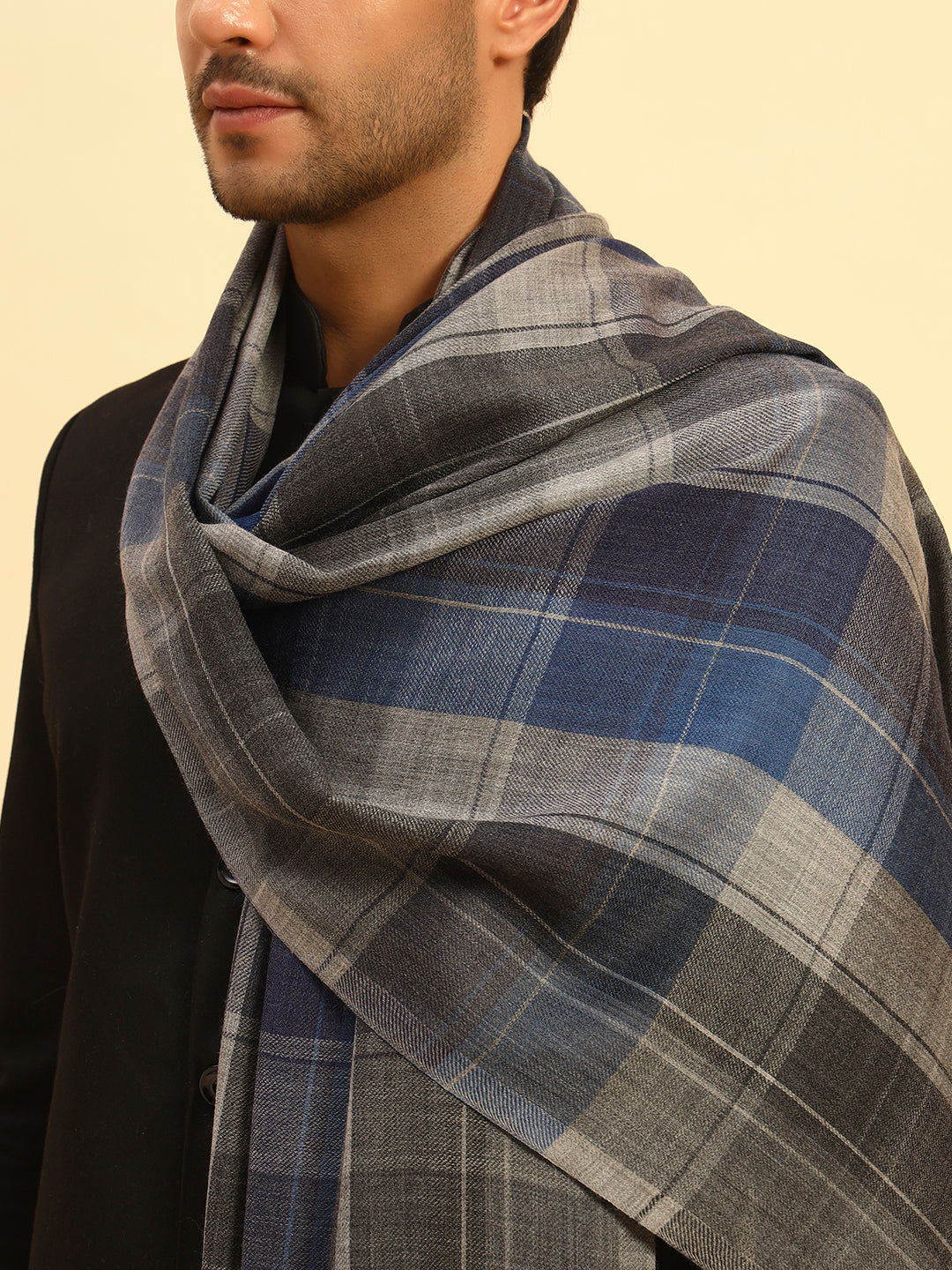 Pashmoda Men Moderen Tartan  100% Pure Wool Checkered Stole (Size :71X203cm)