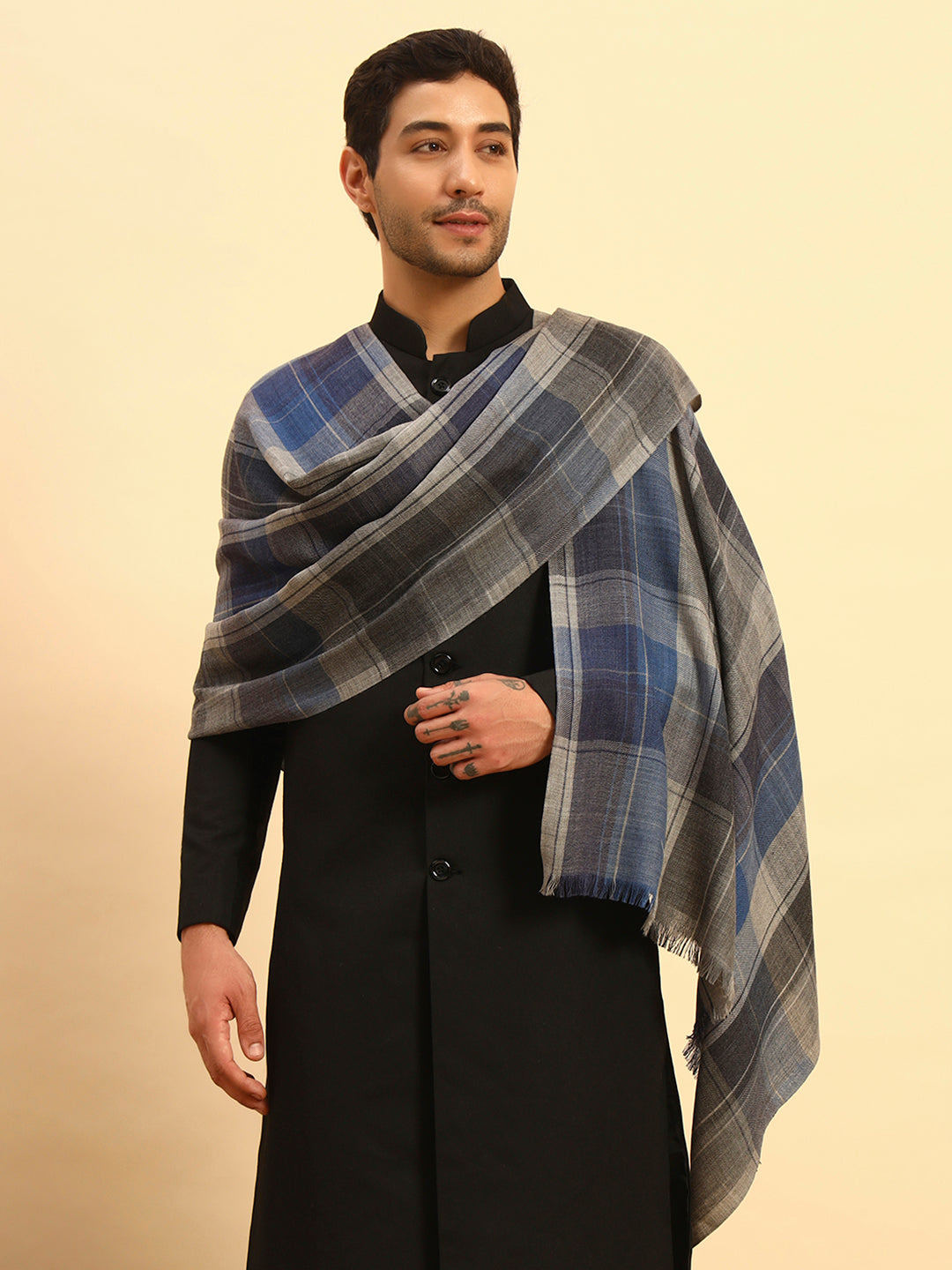 Pashmoda Men Moderen Tartan  100% Pure Wool Checkered Stole (Size :71X203cm)