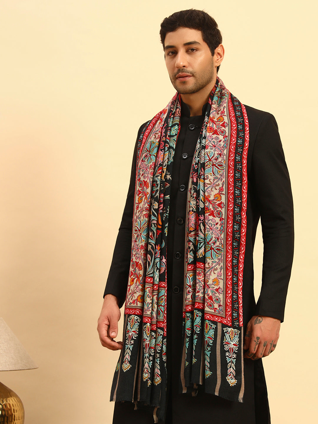 Pashmoda Men Rangkalam 100% Pure Wool Fabric Kalamkari Embroidered Shawl (Size: 101x203 CM)
