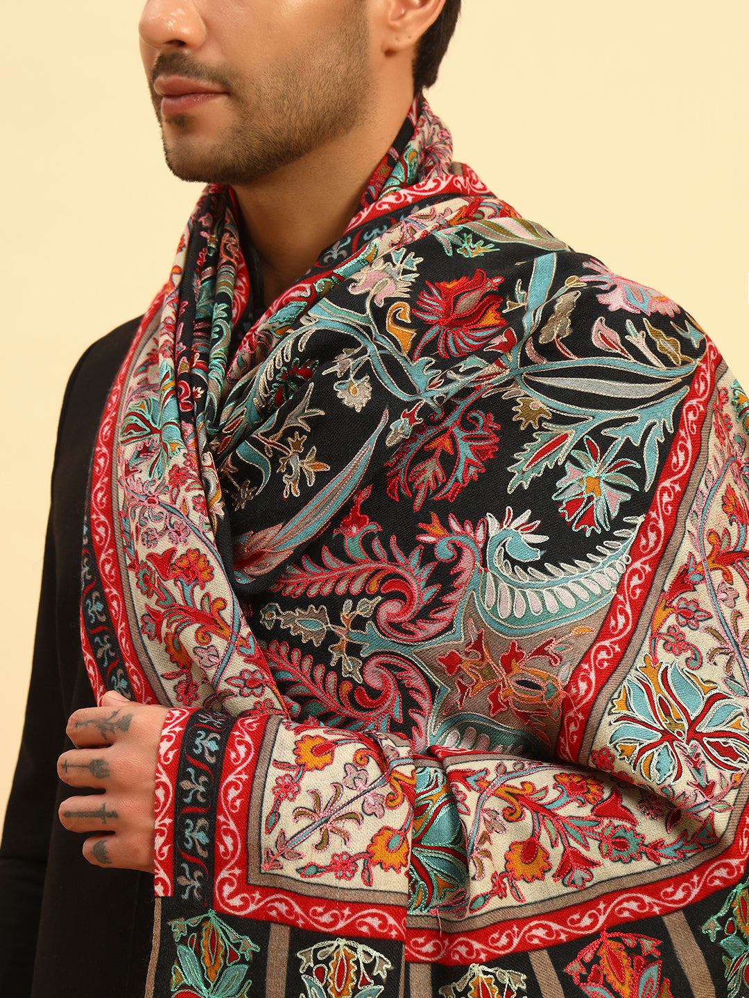 Pashmoda Men Rangkalam 100% Pure Wool Fabric Kalamkari Embroidered Shawl (Size: 101x203 CM)