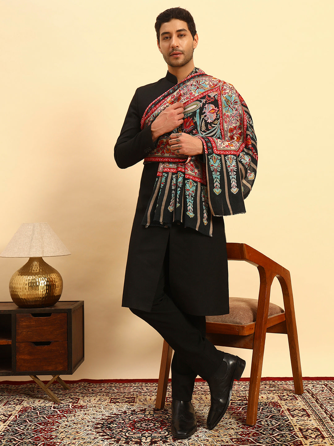 Pashmoda Men Rangkalam 100% Pure Wool Fabric Kalamkari Embroidered Shawl (Size: 101x203 CM)