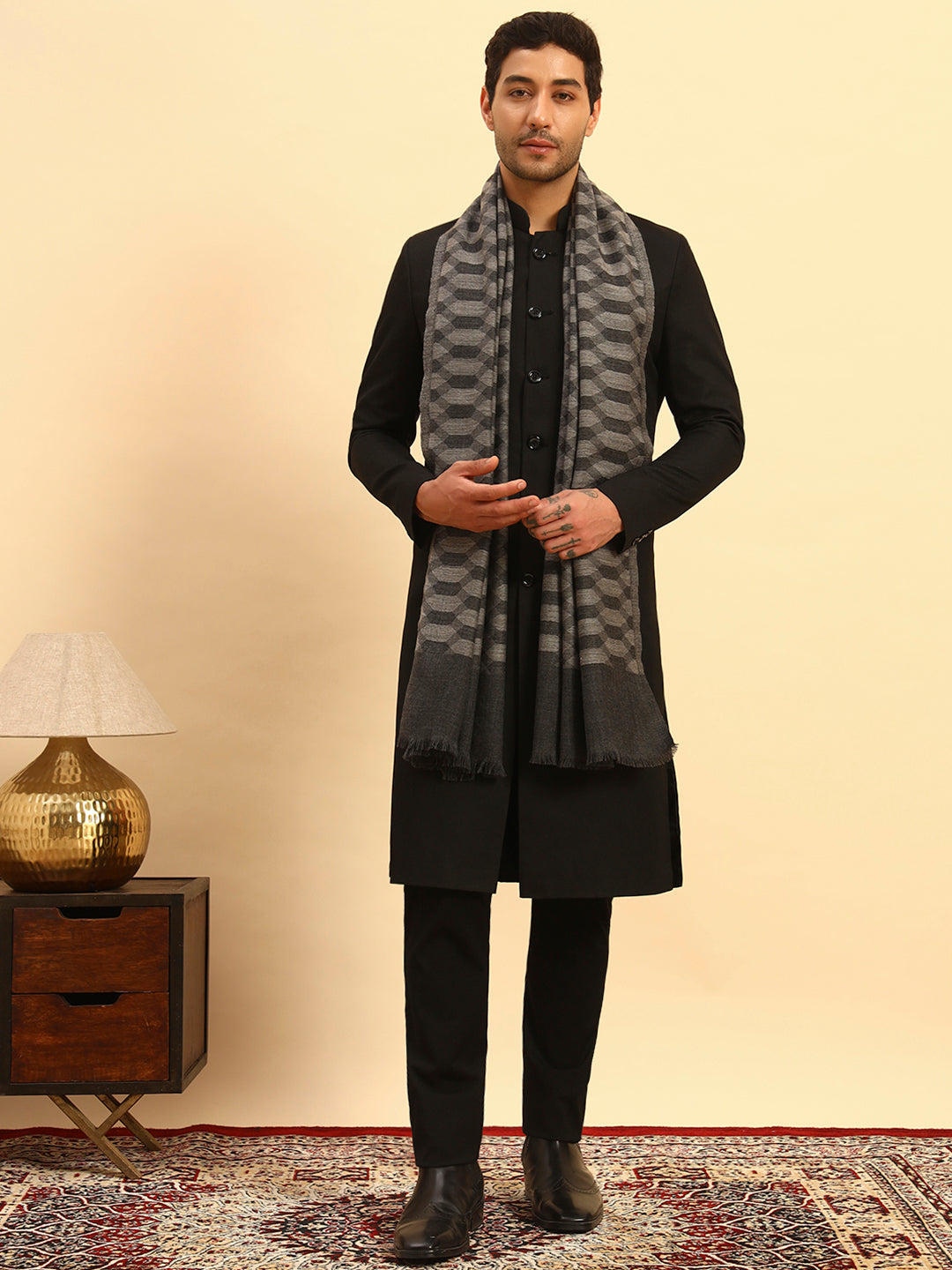 Pashmoda Men Ananta Ikat 100% Pure Wool Checkered Stole  (Size :71X203cm)