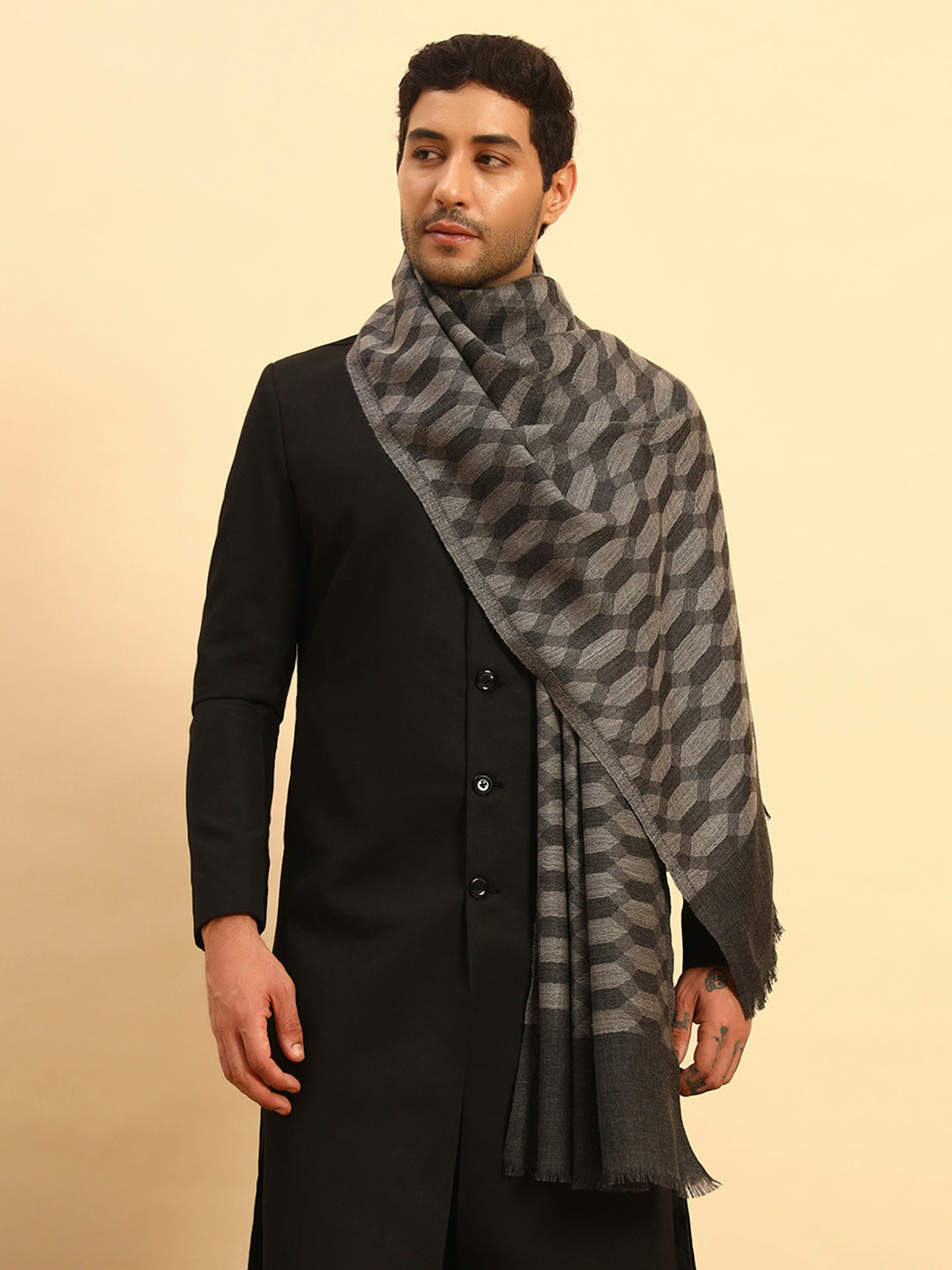 Pashmoda Men Kavya Ikat 100% Pure Wool Checkered Stole (Size :71X203cm)