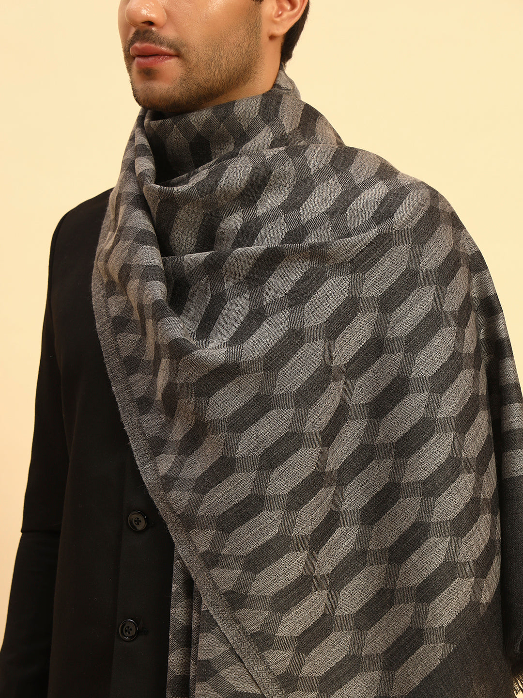 Pashmoda Men Ananta Ikat 100% Pure Wool Checkered Stole  (Size :71X203cm)