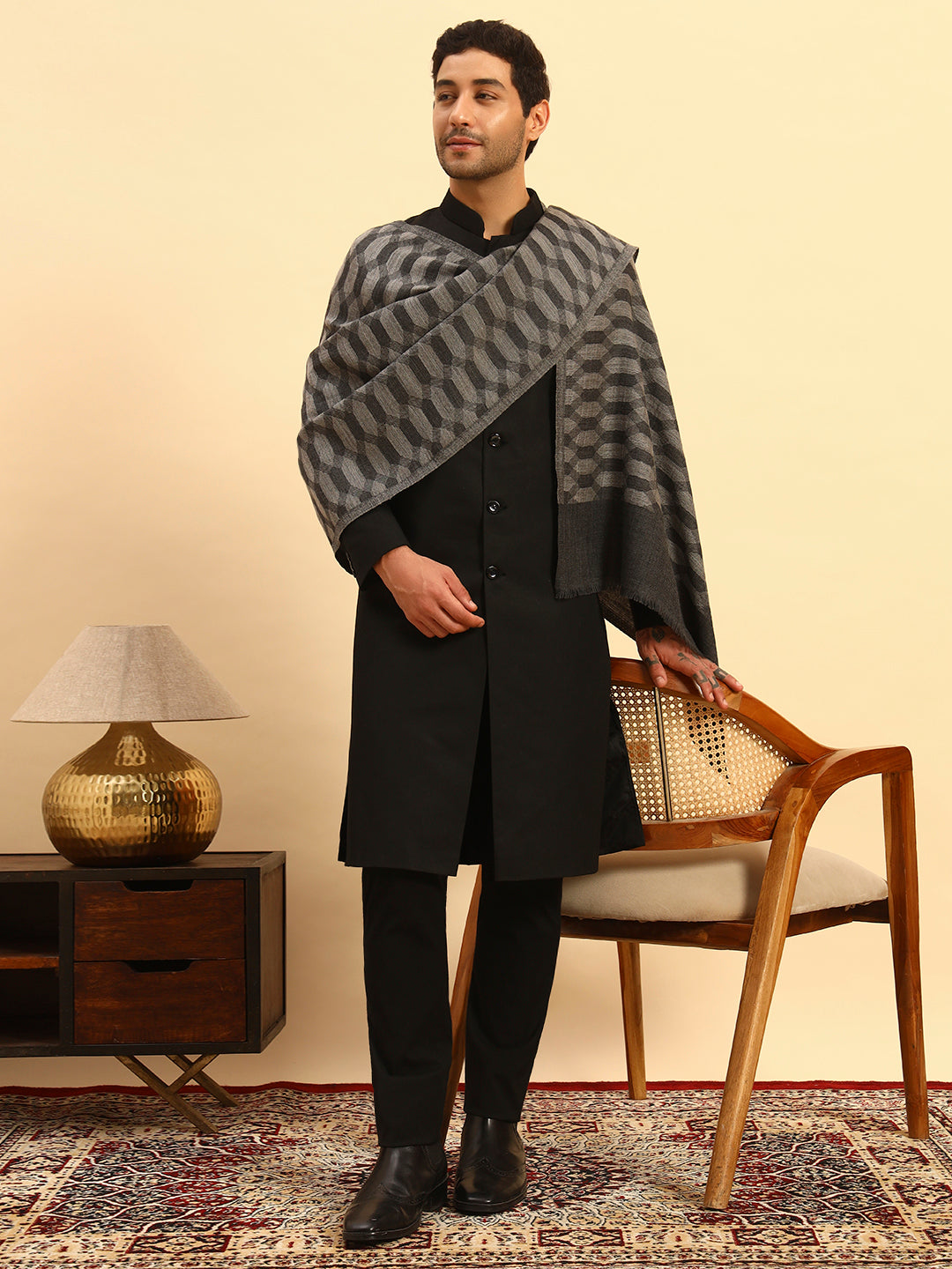 Pashmoda Men Ananta Ikat 100% Pure Wool Checkered Stole  (Size :71X203cm)