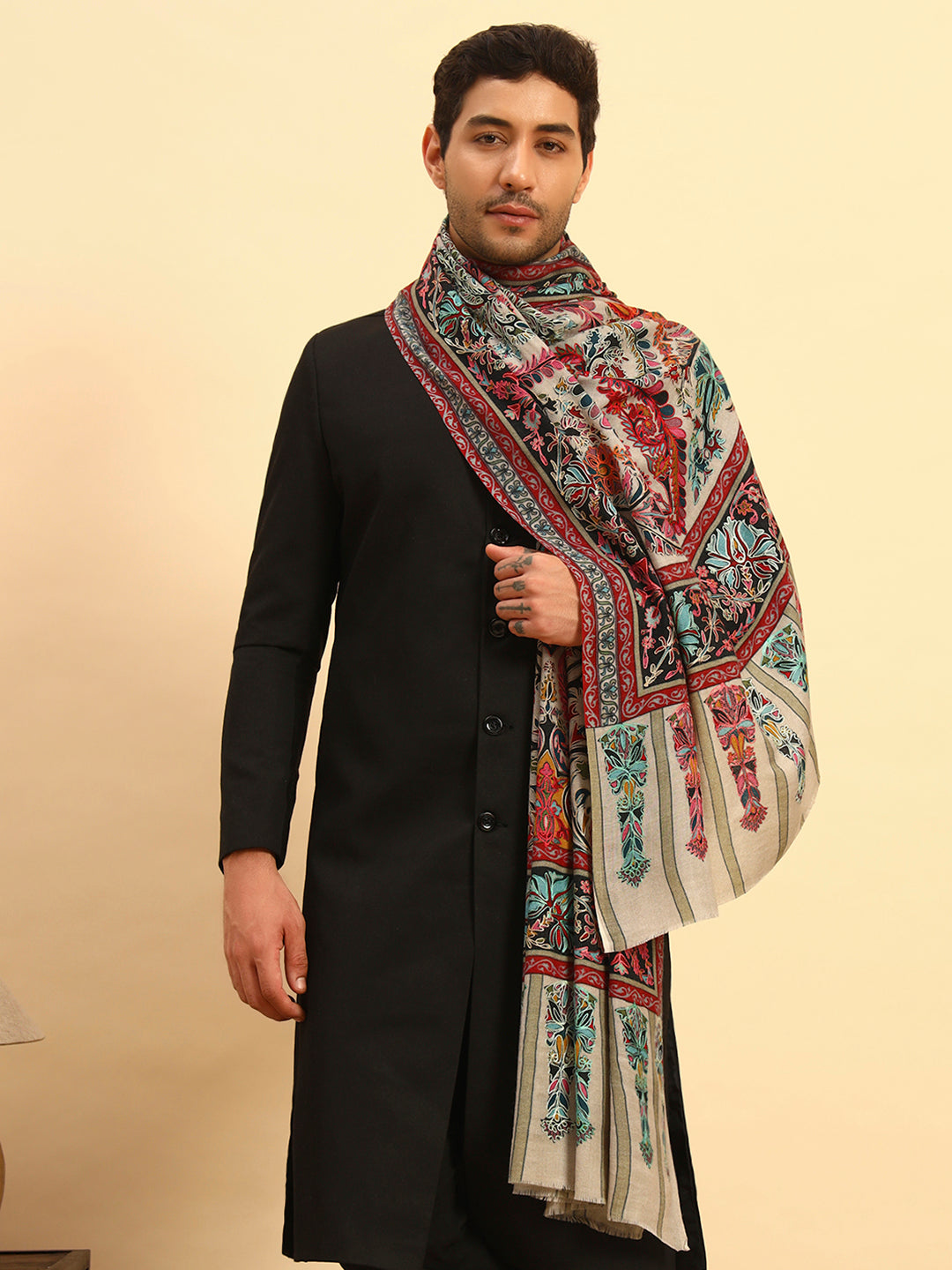 Pashmoda Men Rangkalam 100% Pure Wool Fabric Kalamkari Embroidered Shawl (Size: 101x203 CM)