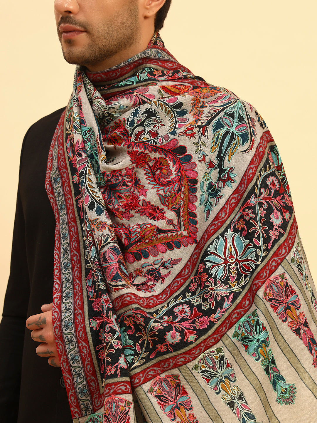 Pashmoda Men Rangkalam 100% Pure Wool Fabric Kalamkari Embroidered Shawl (Size: 101x203 CM)