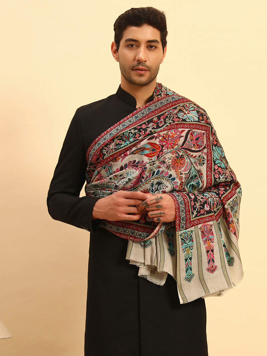 Pashmoda Men Rangkalam 100% Pure Wool Fabric Kalamkari Embroidered Shawl (Size: 101x203 CM)