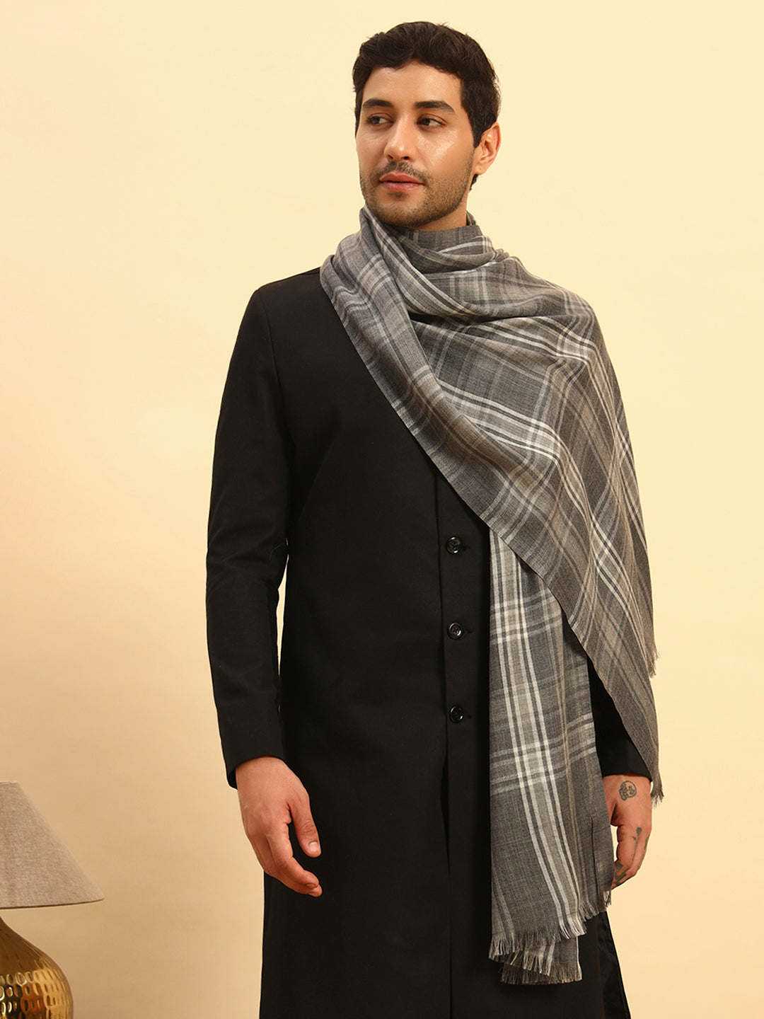 Pashmoda Men Metro Plaid 100% Pure Wool  Checkered Stole (Size : 71X203cm)