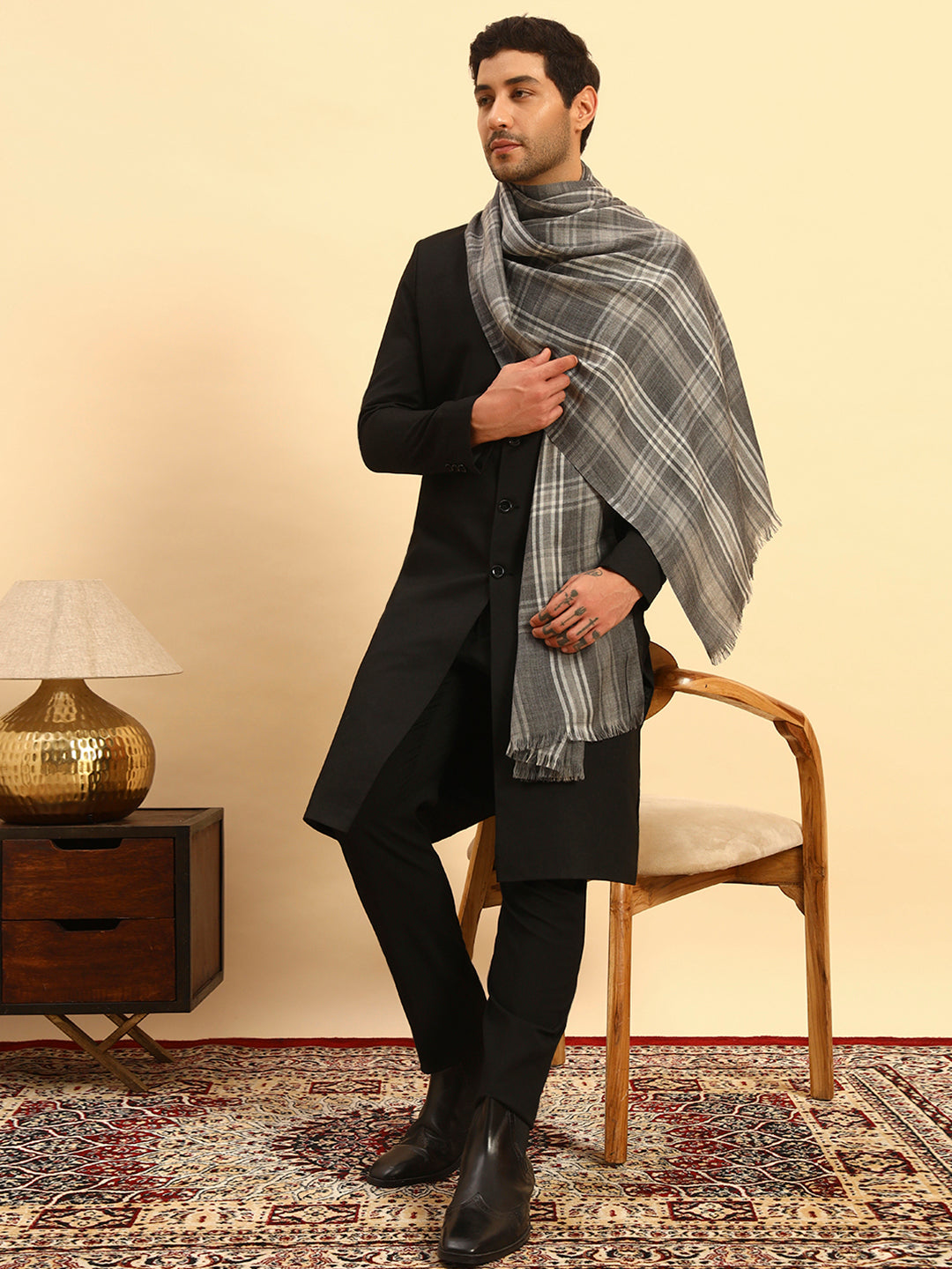 Pashmoda Men Metro Plaid 100% Pure Wool  Checkered Stole (Size : 71X203cm)