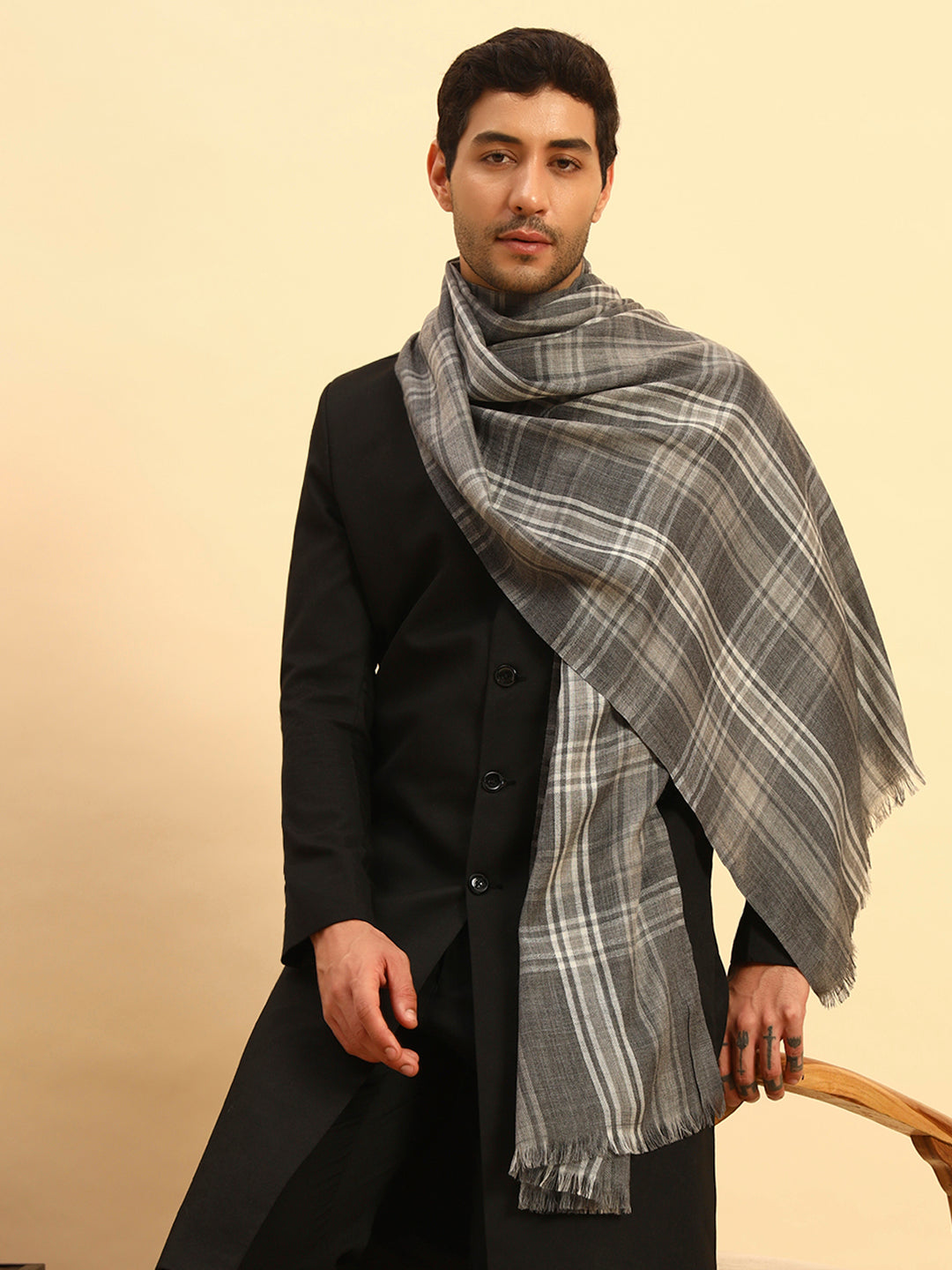 Pashmoda Men Metro Plaid 100% Pure Wool  Checkered Stole (Size : 71X203cm)