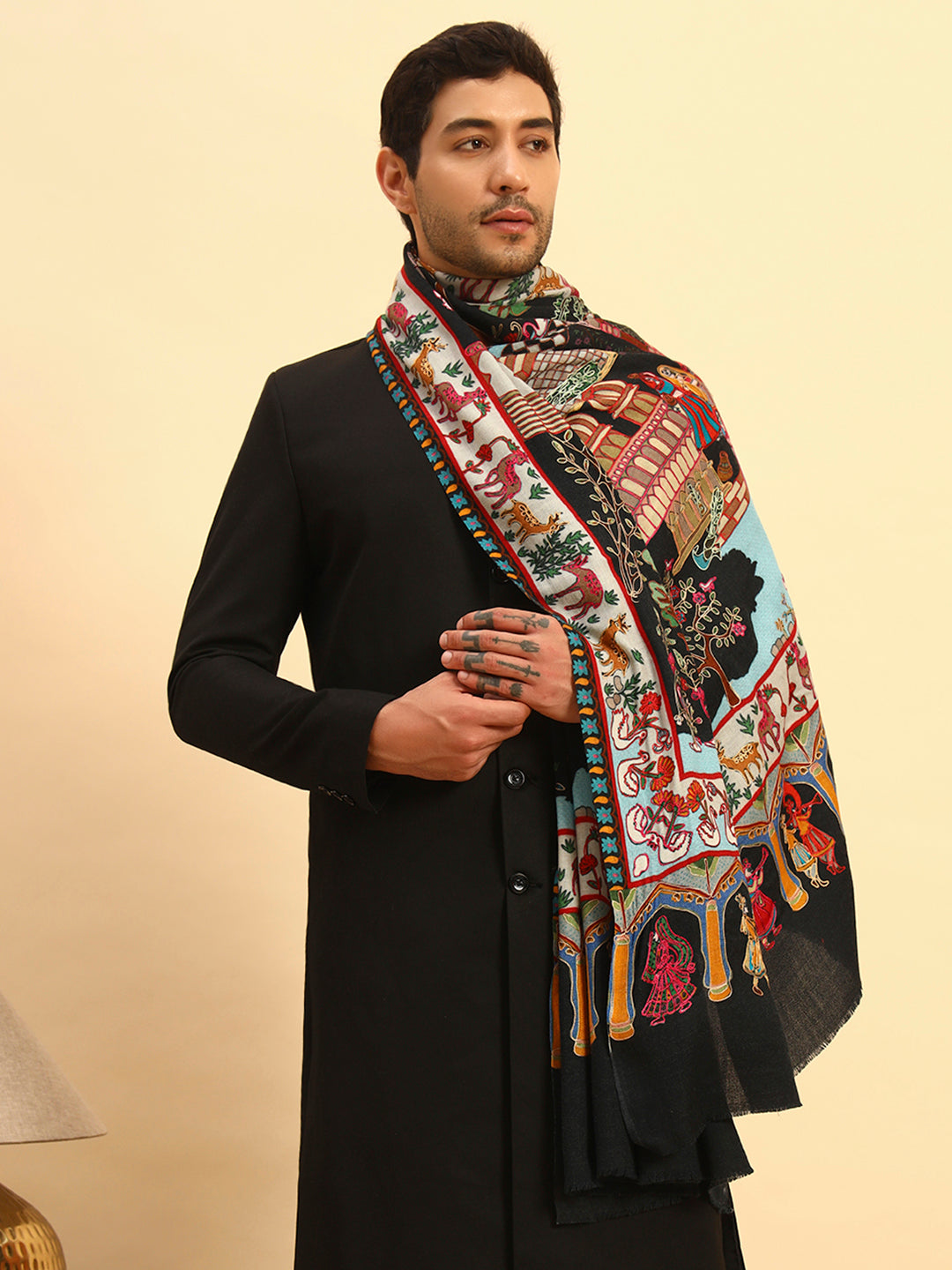 Pashmoda Men Mughal Bagh 100% Pure Wool Fabric Kalamkari Embroidered Shawl (Size: 101x203 CM)