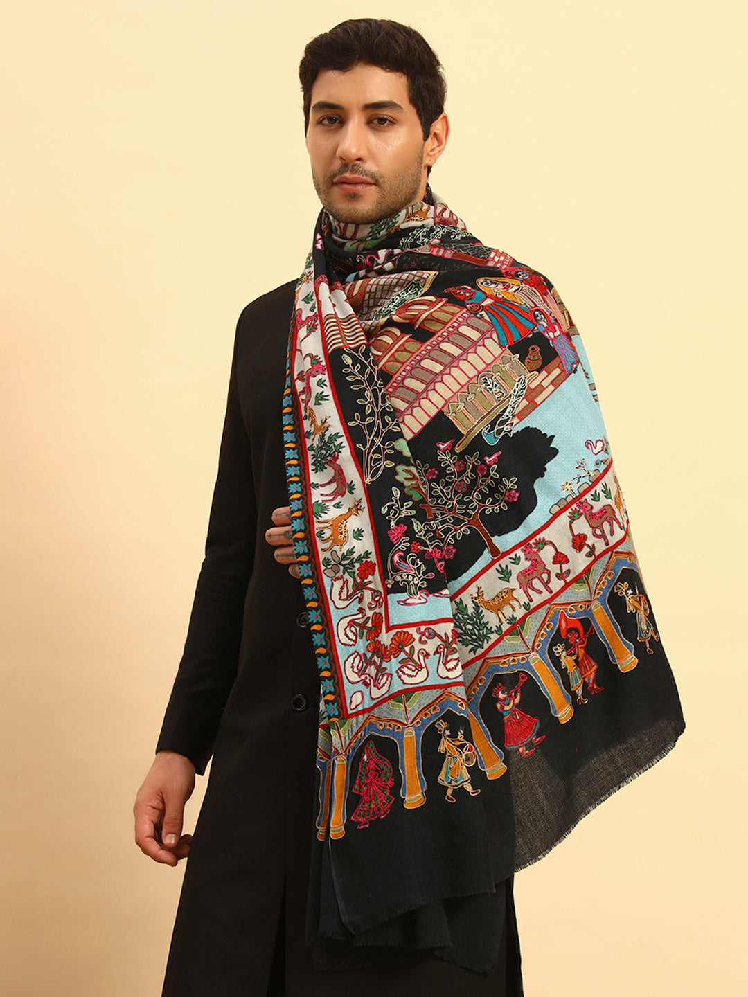Pashmoda Men Mughal Bagh 100% Pure Wool Fabric Kalamkari Embroidered Shawl (Size: 101x203 CM)