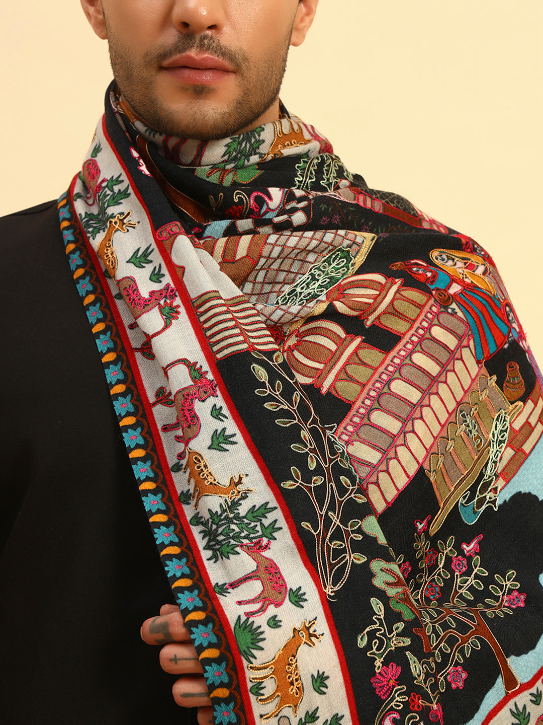 Pashmoda Men Mughal Bagh 100% Pure Wool Fabric Kalamkari Embroidered Shawl (Size: 101x203 CM)