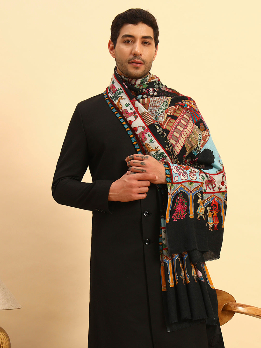 Pashmoda Men Mughal Bagh 100% Pure Wool Fabric Kalamkari Embroidered Shawl (Size: 101x203 CM)