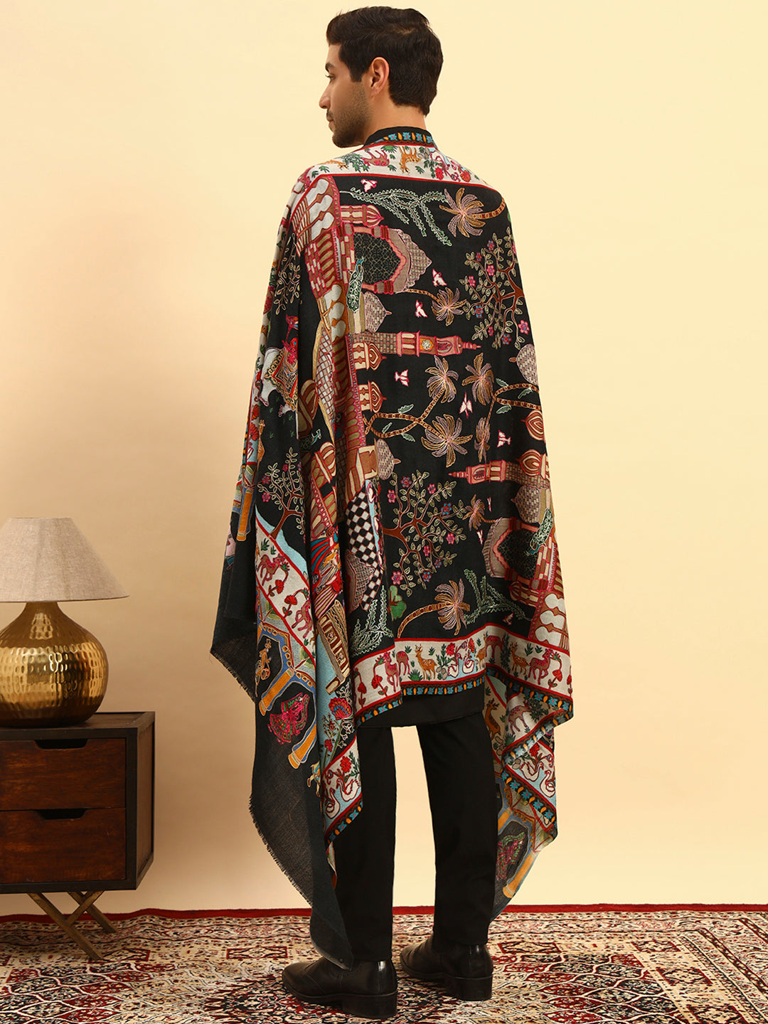 Pashmoda Men Mughal Bagh 100% Pure Wool Fabric Kalamkari Embroidered Shawl (Size: 101x203 CM)