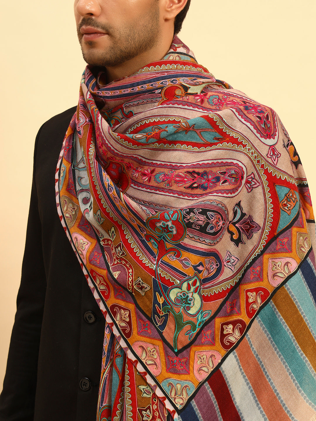 Pashmoda Men Rangdil 100% Pure Wool Fabric Kalamkari Embroidered Stole (Size-28:71x203cm)