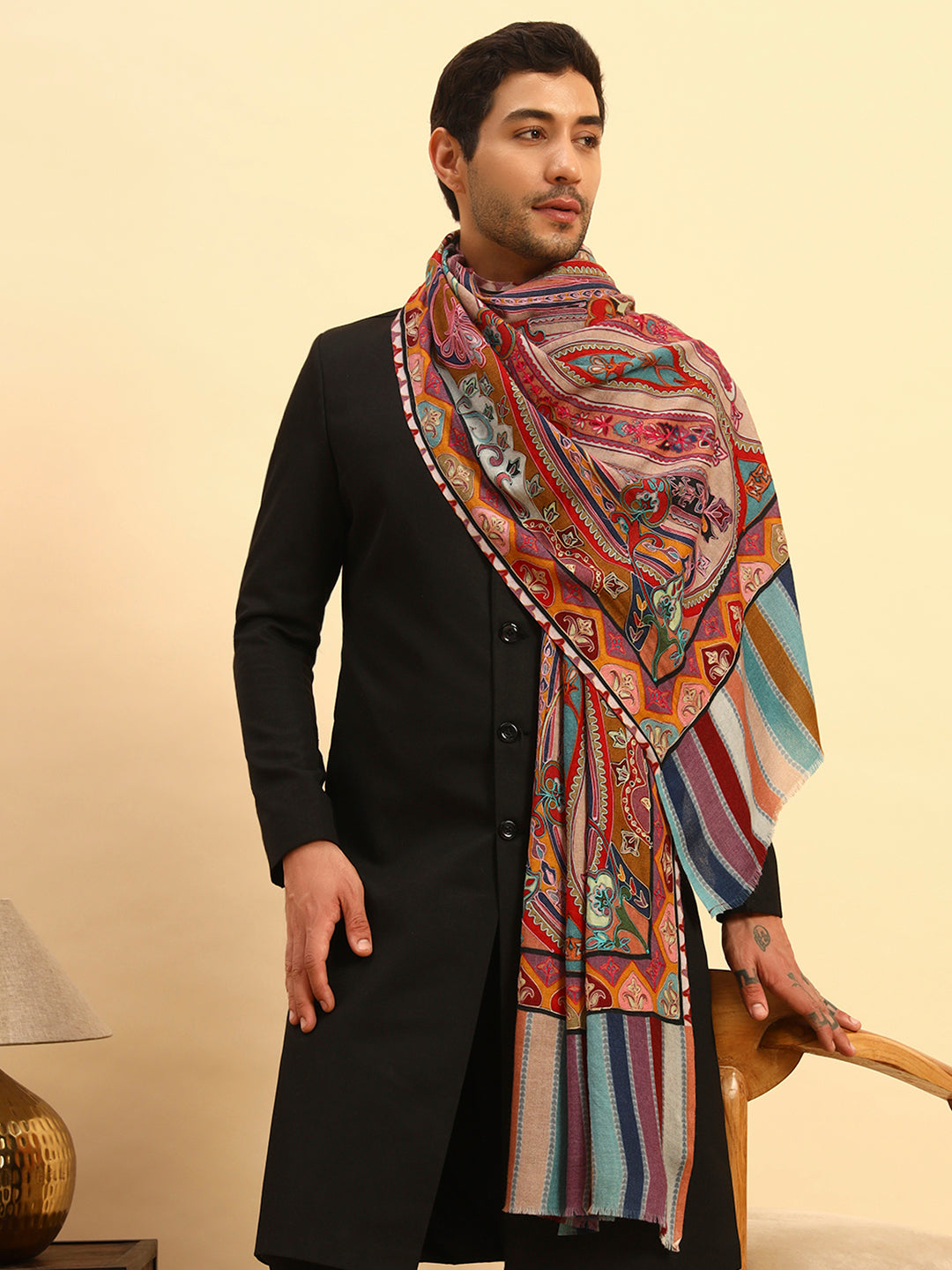 Pashmoda Men Rangdil 100% Pure Wool Fabric Kalamkari Embroidered Stole (Size-28:71x203cm)