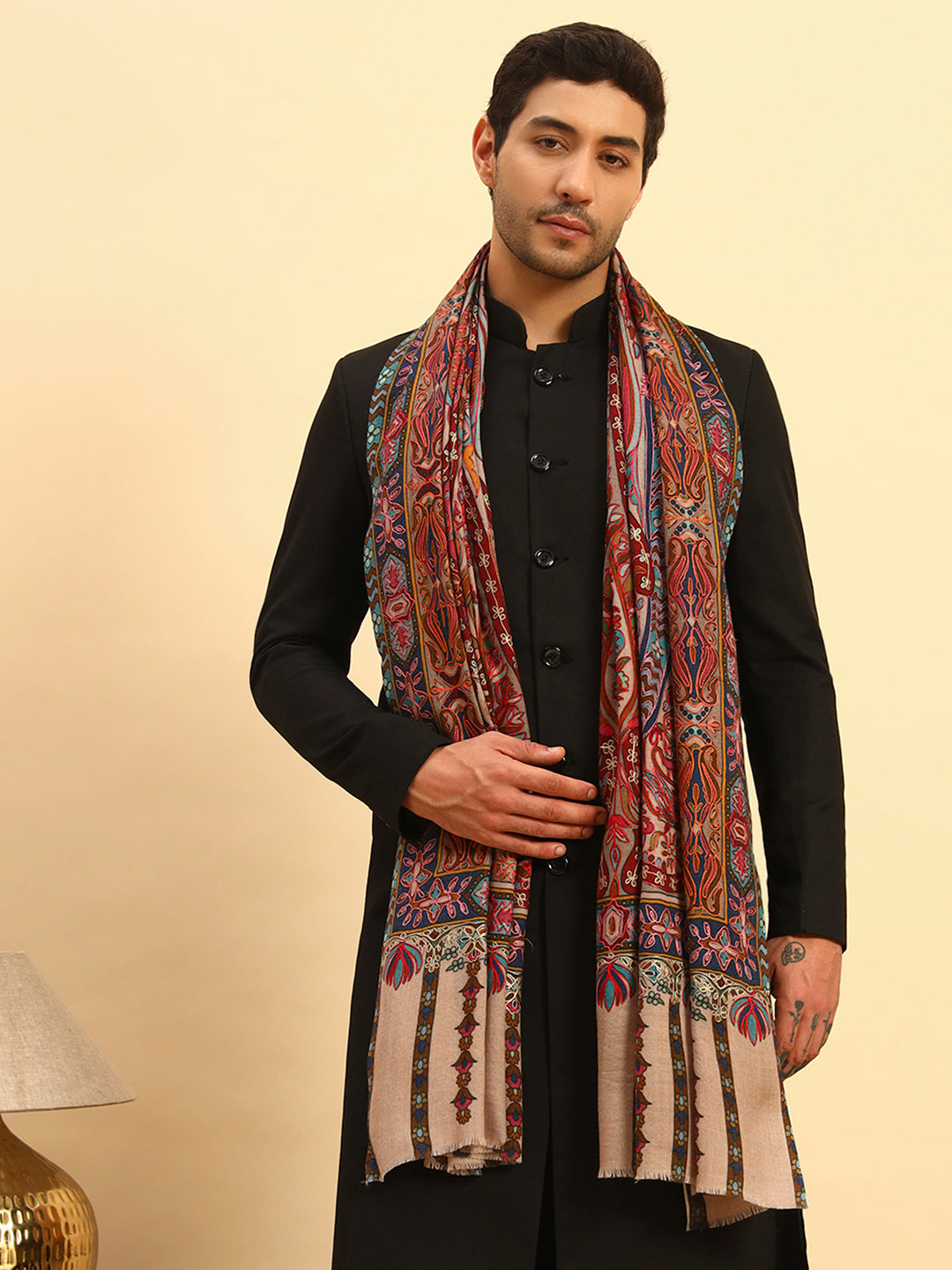 Pashmoda Men Rangrez Rangkalam 100% Pure Wool Fabric Kalamkari Embroidered Shawl (Size: 101x203 CM)