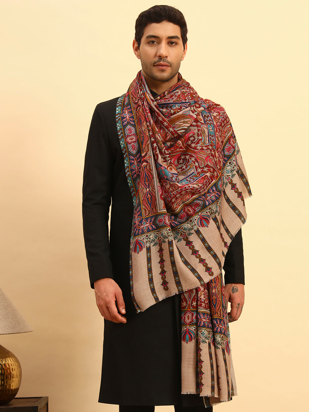 Pashmoda Men Rangrez Rangkalam 100% Pure Wool Fabric Kalamkari Embroidered Shawl (Size: 101x203 CM)