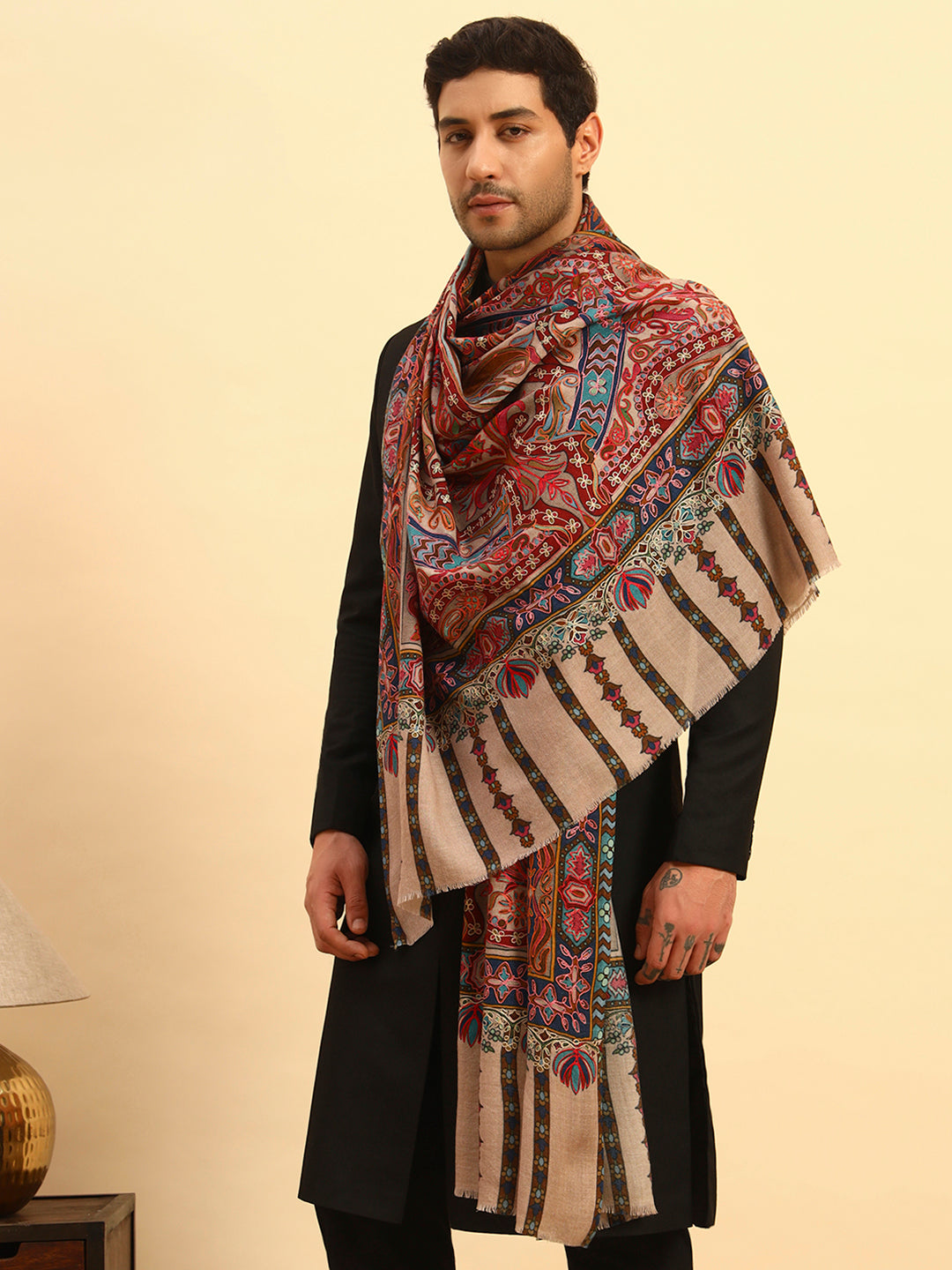 Pashmoda Men Rangrez Rangkalam 100% Pure Wool Fabric Kalamkari Embroidered Shawl (Size: 101x203 CM)