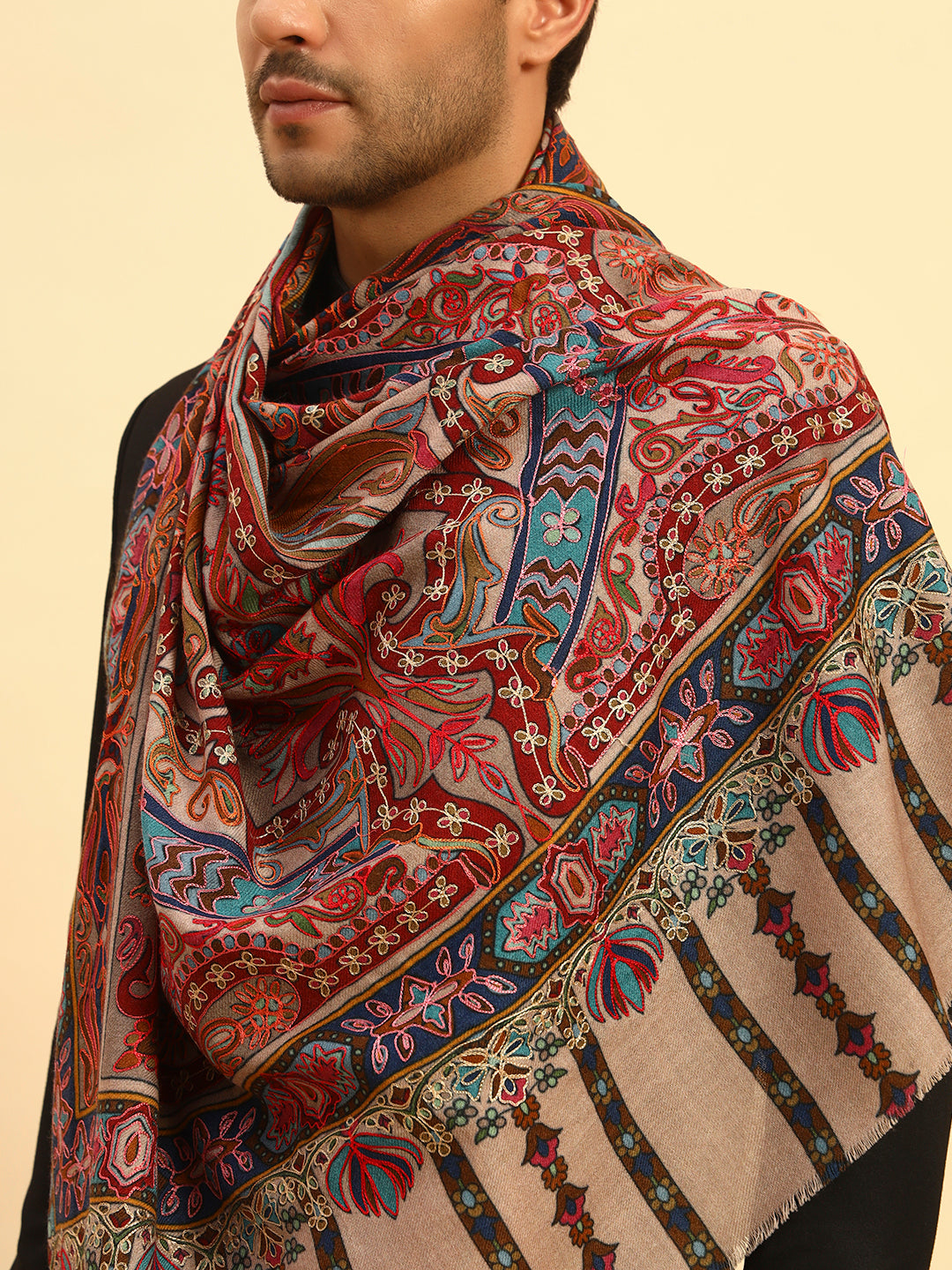 Pashmoda Men Rangrez Rangkalam 100% Pure Wool Fabric Kalamkari Embroidered Shawl (Size: 101x203 CM)