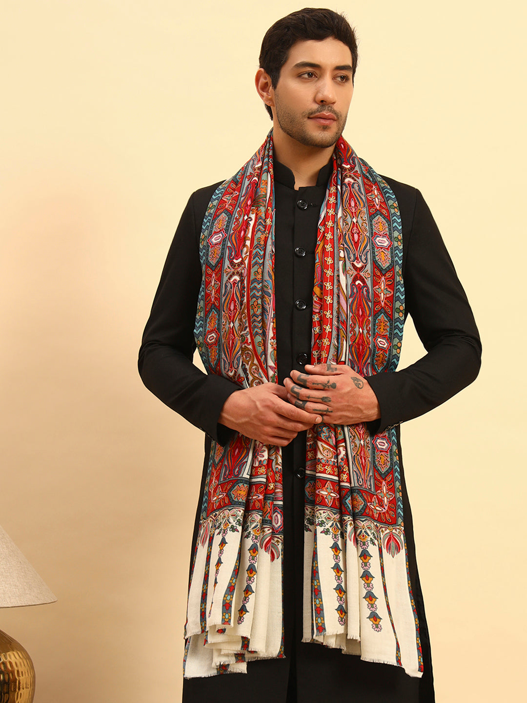 Pashmoda Men Rangrez Rangkalam 100% Pure Wool Fabric Kalamkari Embroidered Shawl (Size: 101x203 CM)