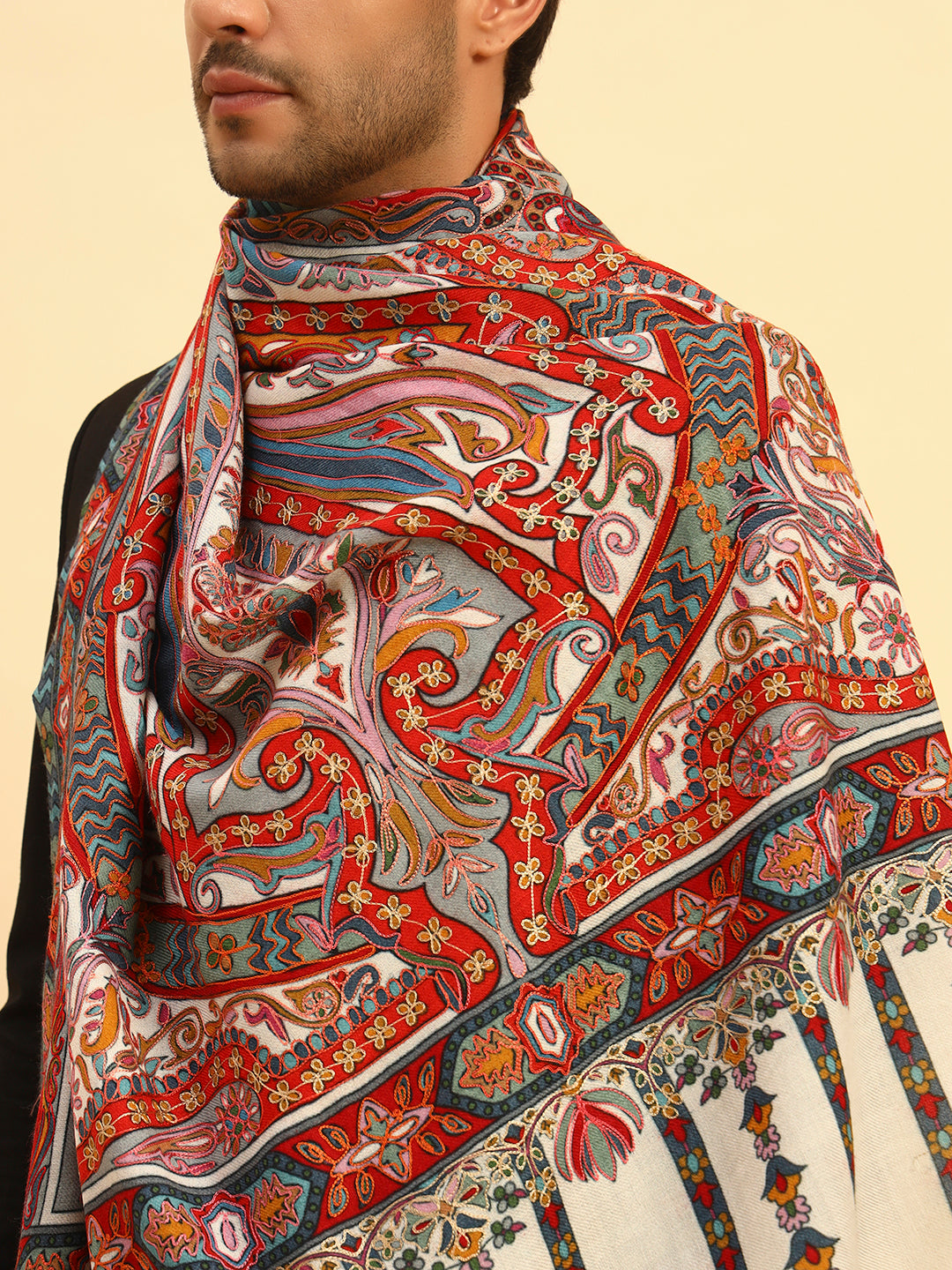 Pashmoda Men Rangrez Rangkalam 100% Pure Wool Fabric Kalamkari Embroidered Shawl (Size: 101x203 CM)