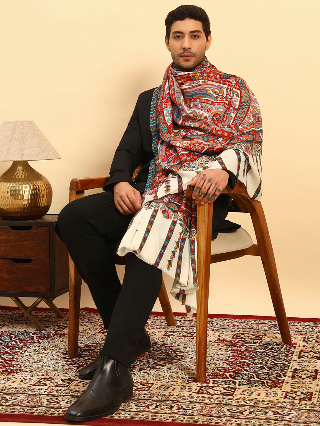 Pashmoda Men Rangrez Rangkalam 100% Pure Wool Fabric Kalamkari Embroidered Shawl (Size: 101x203 CM)