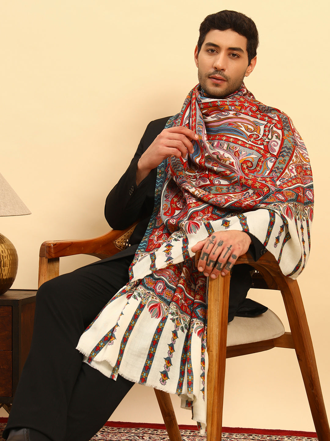 Pashmoda Men Rangrez Rangkalam 100% Pure Wool Fabric Kalamkari Embroidered Shawl (Size: 101x203 CM)