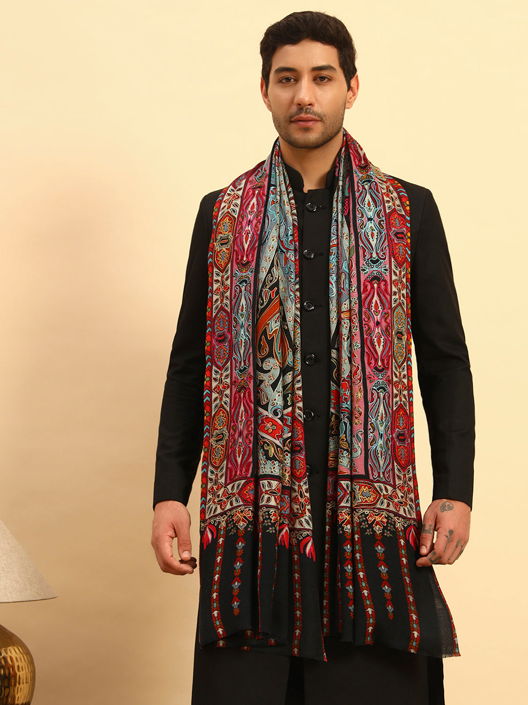 Pashmoda Men Rangrez Rangkalam 100% Pure Wool Fabric Kalamkari Embroidered Shawl (Size: 101x203 CM)
