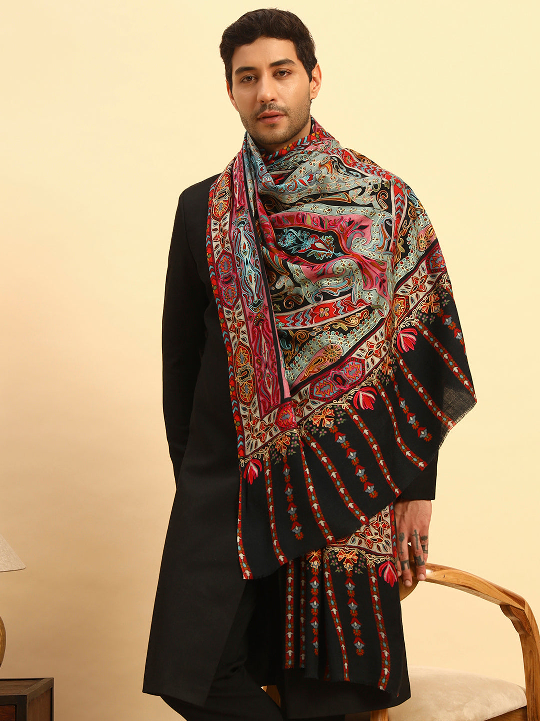 Pashmoda Men Rangrez Rangkalam 100% Pure Wool Fabric Kalamkari Embroidered Shawl (Size: 101x203 CM)