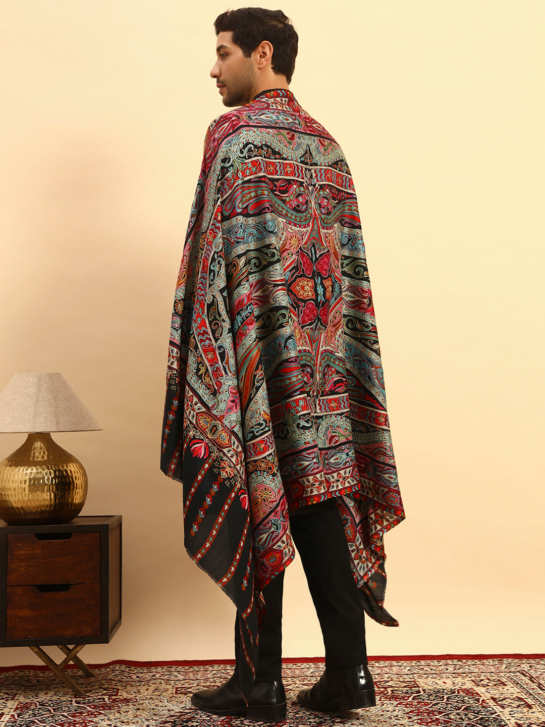 Pashmoda Men Rangrez Rangkalam 100% Pure Wool Fabric Kalamkari Embroidered Shawl (Size: 101x203 CM)