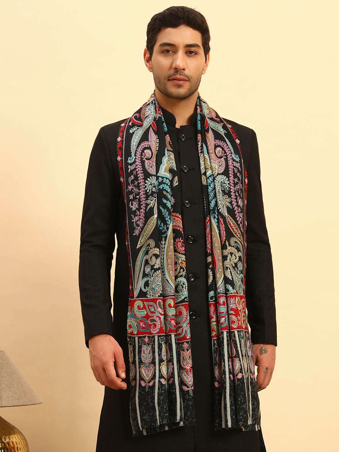 Pashmoda Men Saahtaar 100% Pure Wool Fabric Kalamkari Embroidered Stole (Size:71x203cm)