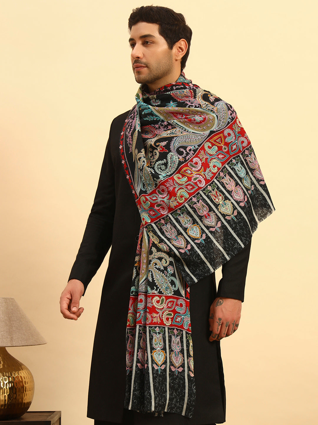Pashmoda Men Saahtaar 100% Pure Wool Fabric Kalamkari Embroidered Stole (Size:71x203cm)
