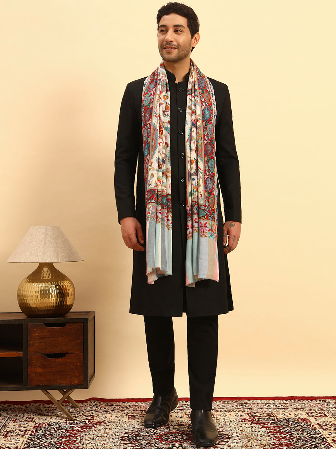 Pashmoda Men Floral Whispers 100% Pure Wool Fabric Kalamkari Embroidered Stole (Size:71x203cm)