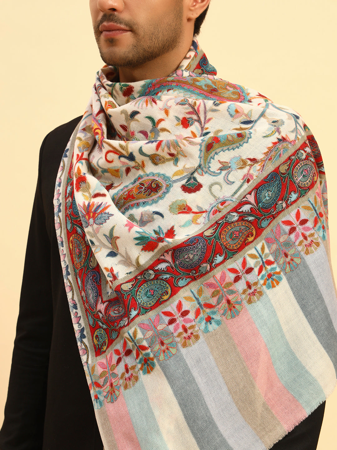 Pashmoda Men Floral Whispers 100% Pure Wool Fabric Kalamkari Embroidered Stole (Size:71x203cm)