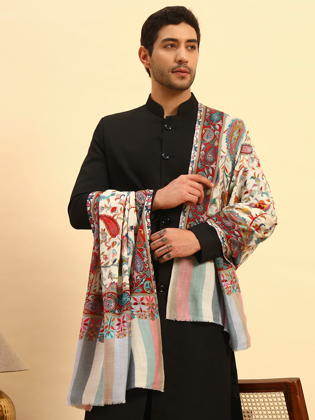 Pashmoda Men Floral Whispers 100% Pure Wool Fabric Kalamkari Embroidered Stole (Size:71x203cm)