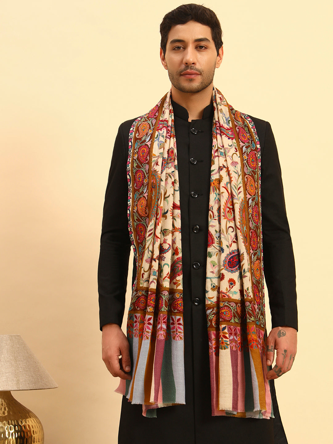 Pashmoda Men Floral Whispers 100% Pure Wool Fabric Kalamkari Embroidered Stole (Size:71x203cm)