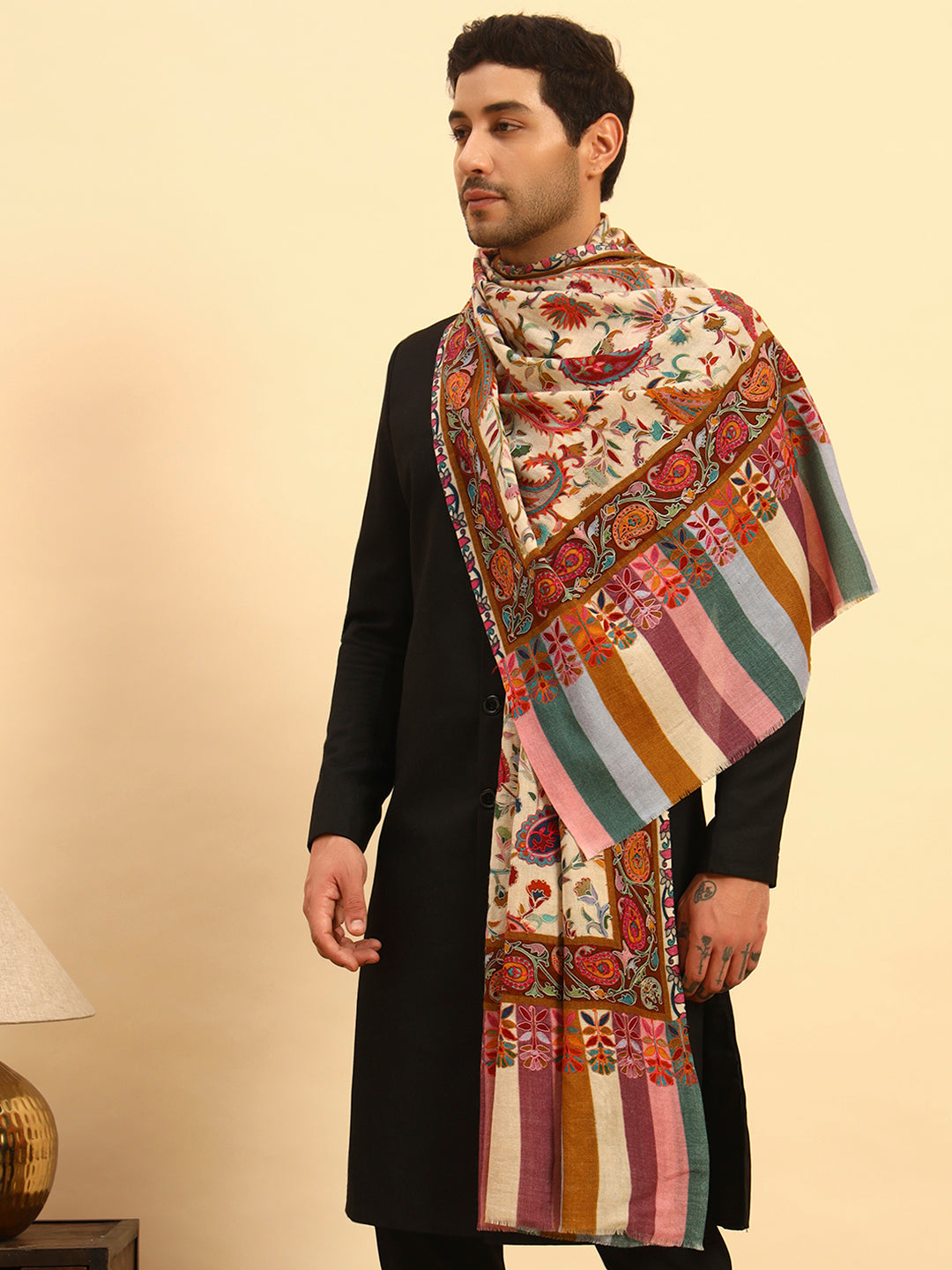 Pashmoda Men Floral Whispers 100% Pure Wool Fabric Kalamkari Embroidered Stole (Size:71x203cm)