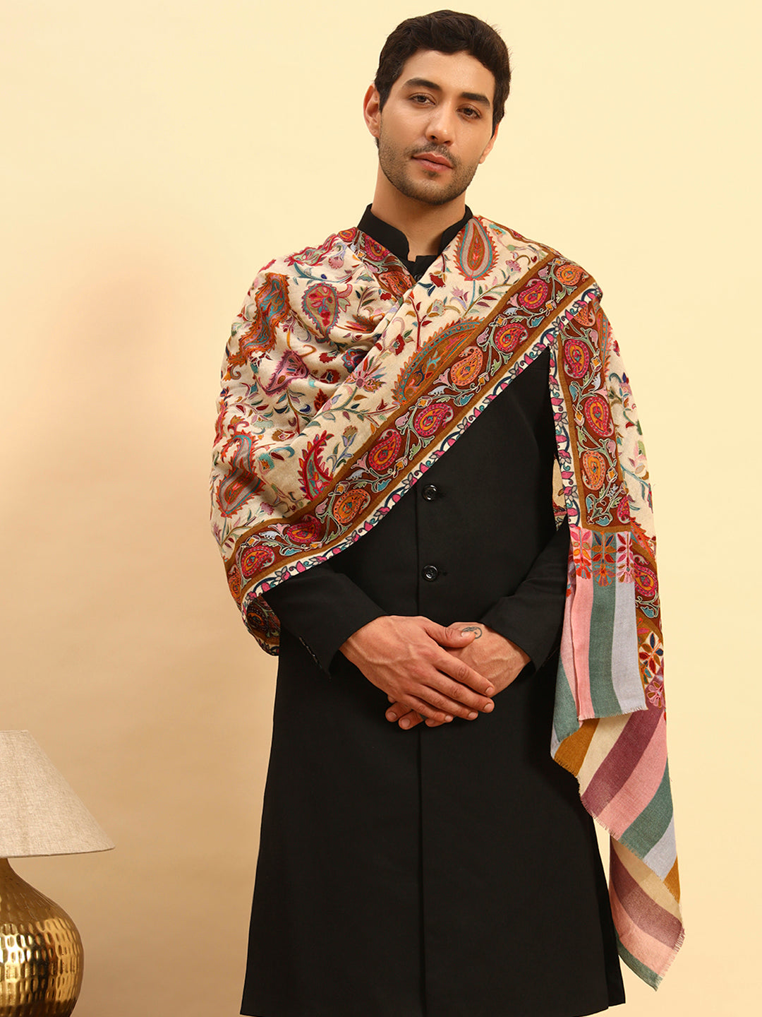 Pashmoda Men Floral Whispers 100% Pure Wool Fabric Kalamkari Embroidered Stole (Size:71x203cm)