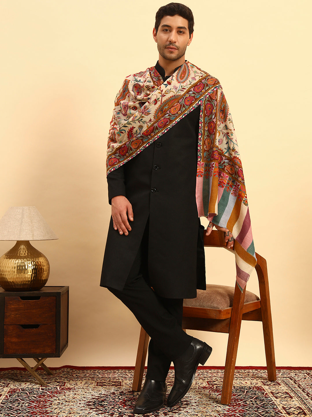 Pashmoda Men Floral Whispers 100% Pure Wool Fabric Kalamkari Embroidered Stole (Size:71x203cm)