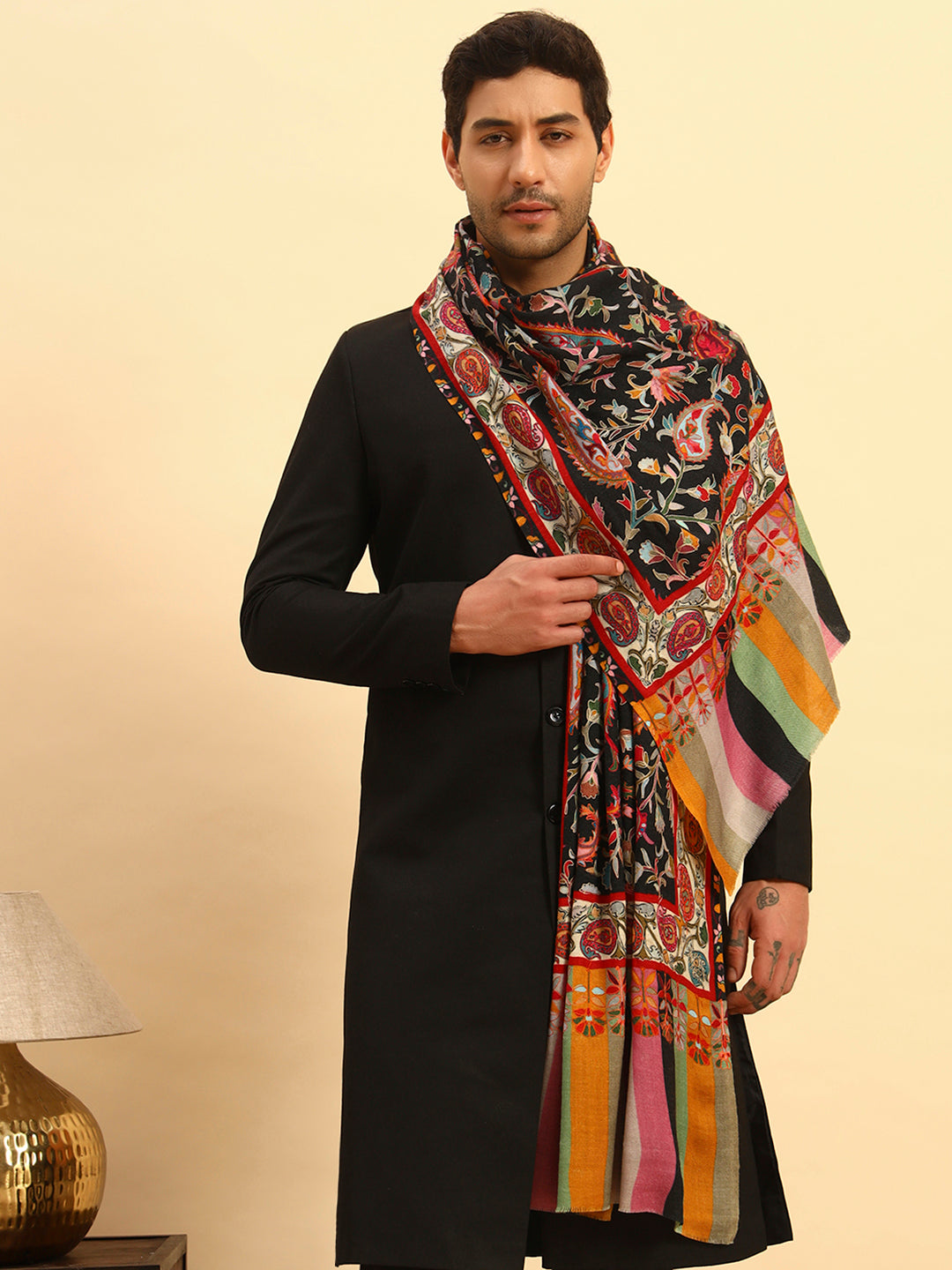 Pashmoda Men Floral Whispers 100% Pure Wool Fabric Kalamkari Embroidered Stole (Size:71x203cm)