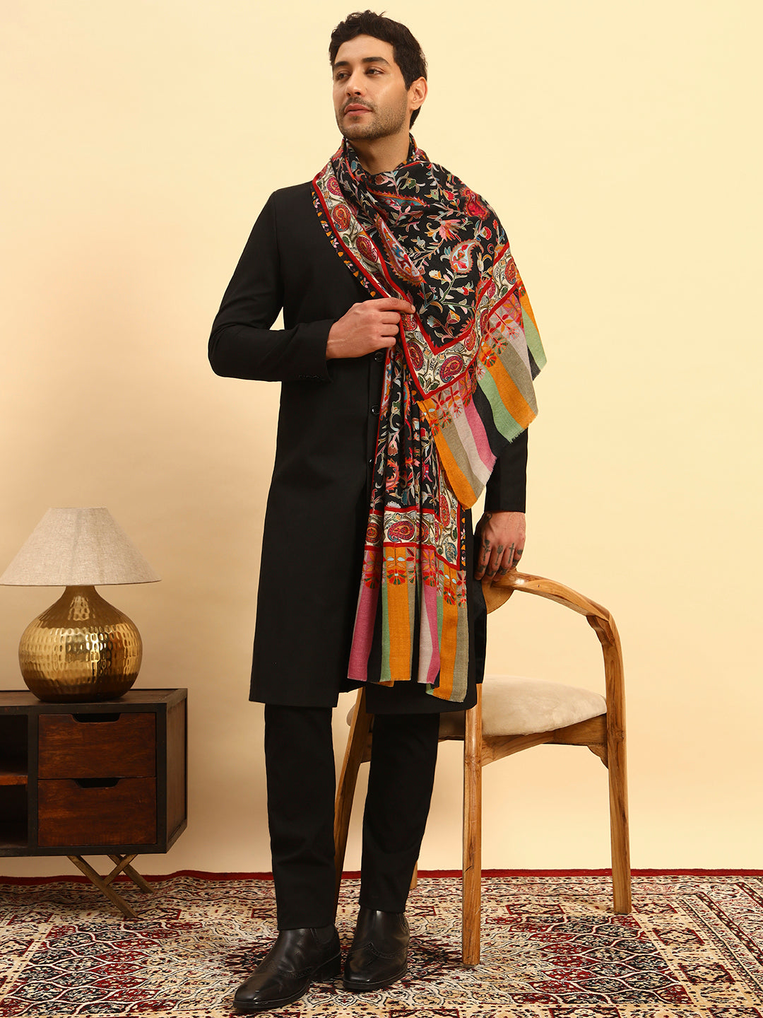 Pashmoda Men Floral Whispers 100% Pure Wool Fabric Kalamkari Embroidered Stole (Size:71x203cm)