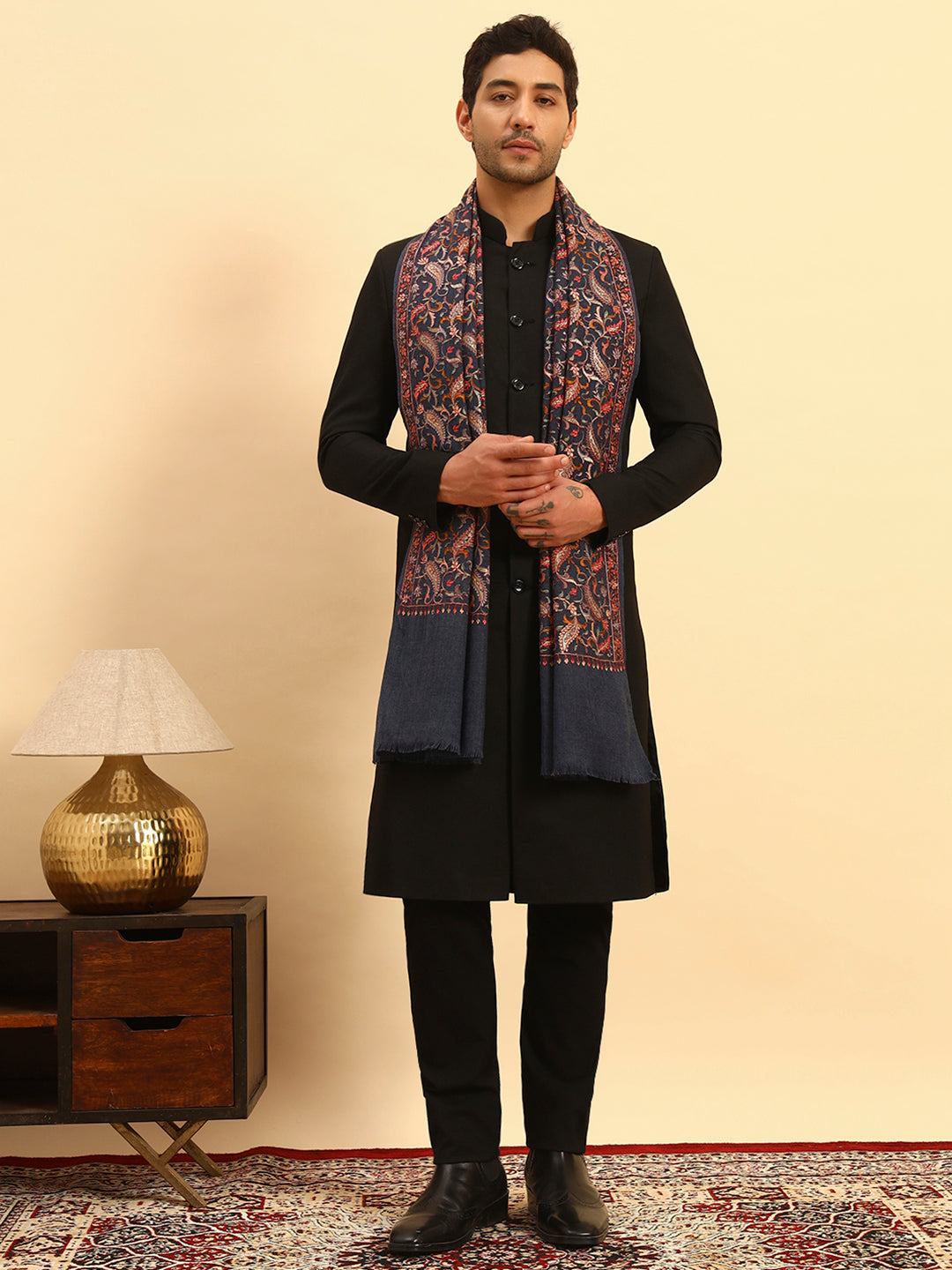 Pashmoda Men 100% Pure Wool Sozni Hand Embroidered Stole (Size-71x203cm)