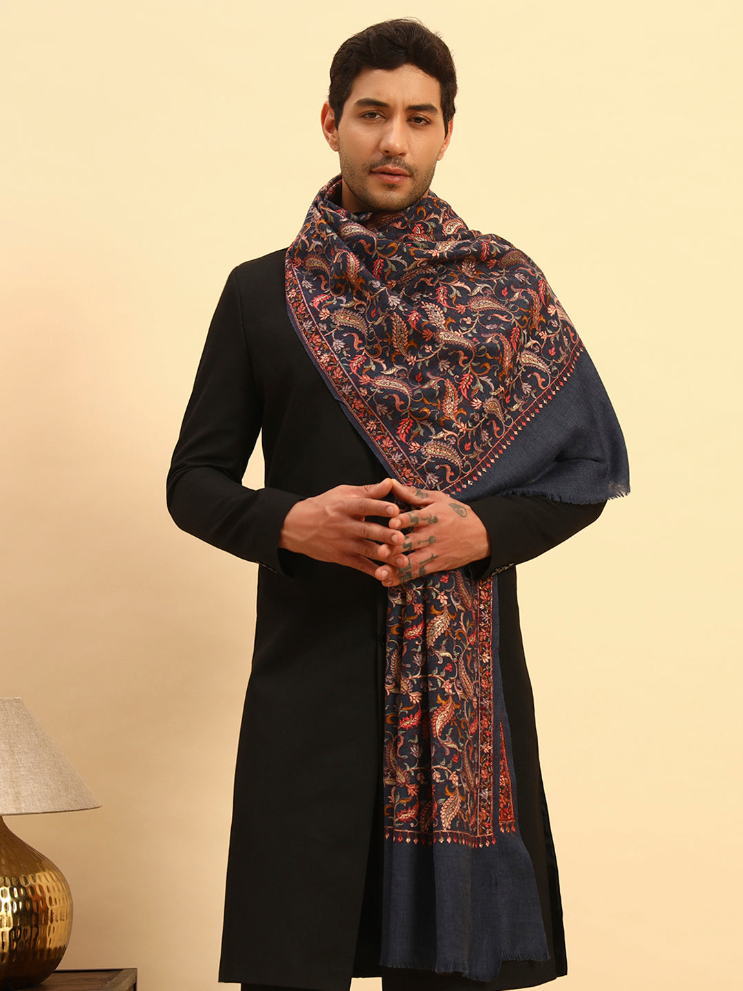 Pashmoda Men 100% Pure Wool Sozni Hand Embroidered Stole (Size-71x203cm)